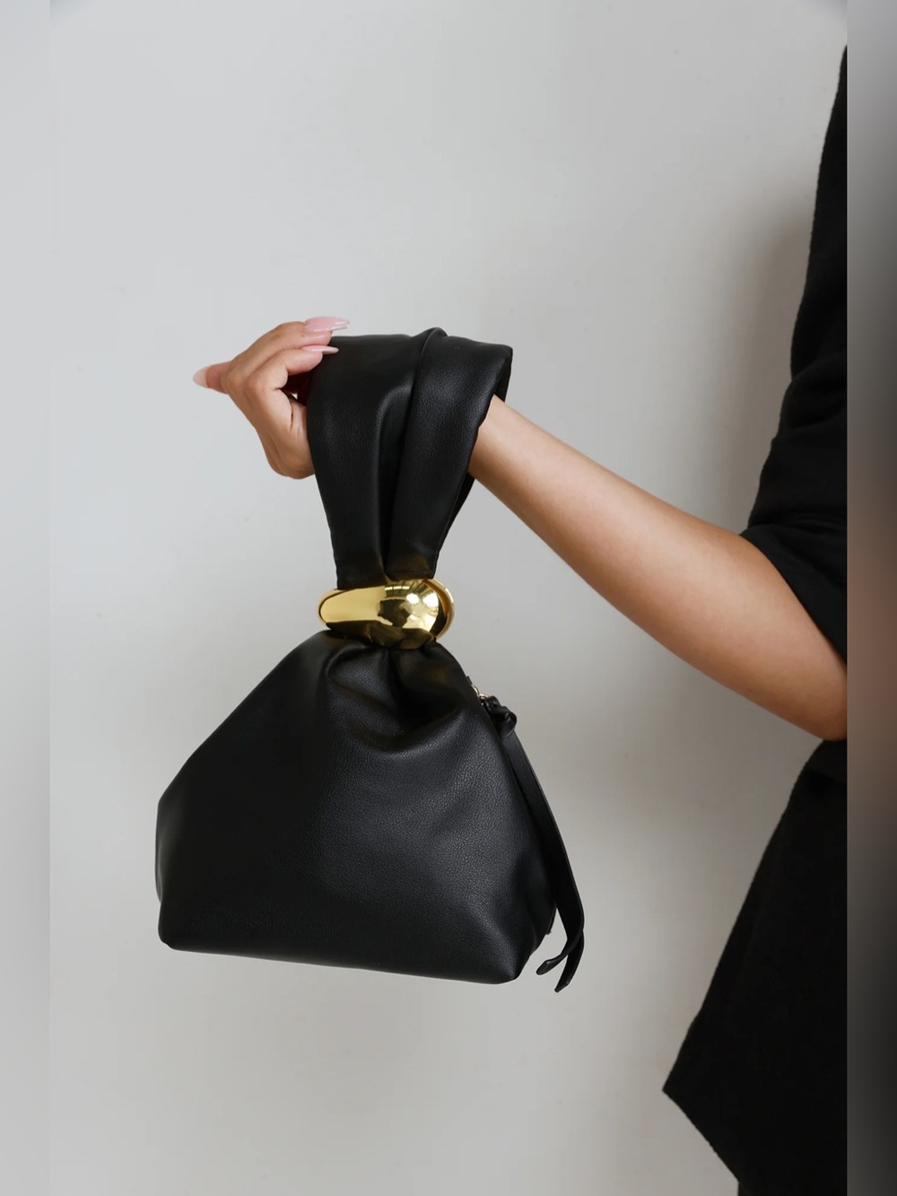 Vegan Leather Black With Gold Hardware Top Handle Wristlet Bucket Bag Purse